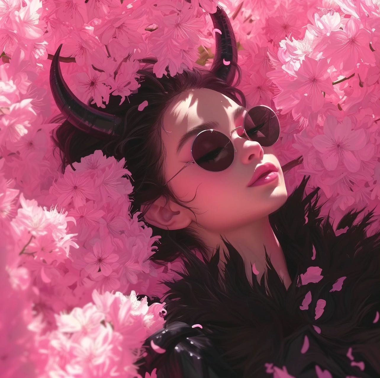 a picture of a demon girl wearing round sunglasses laying in sakura flowers